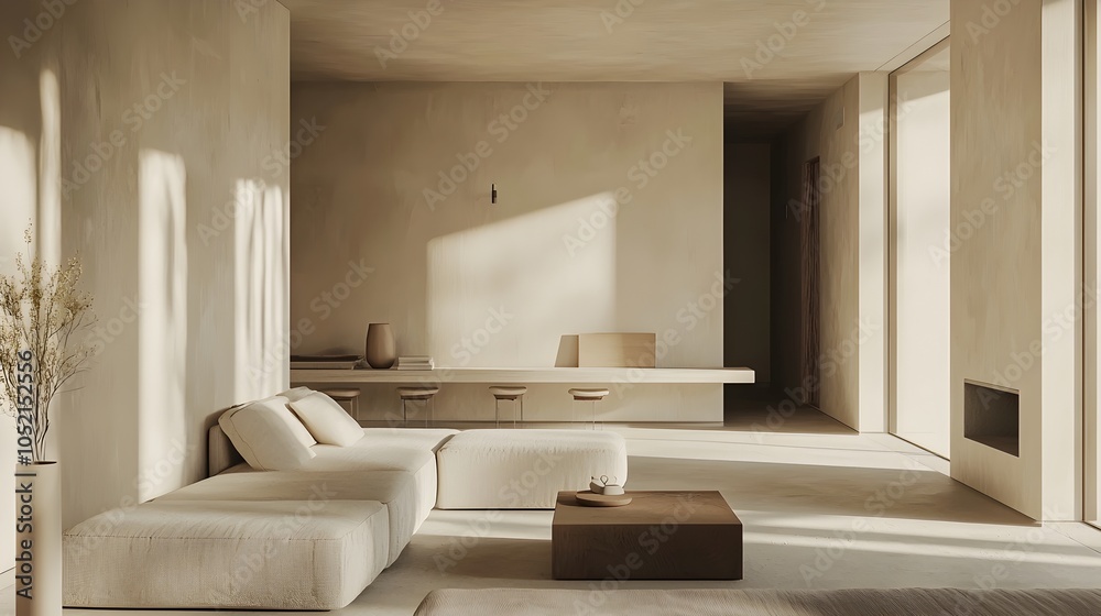 Fototapeta premium Minimalist Apartment Embracing Open Space and Neutral Tones for a Sense of Freedom and Calm
