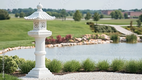 Stone lantern overlooking a serene pond in Japanese garden, surrounded by greenery with a gravel path in foreground.