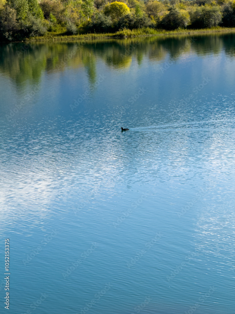 Fototapeta premium A quiet mountain lake Issyk-Kul, surrounded by green valleys and majestic mountains. The perfect spot for tourism and peaceful relaxation in Kyrgyzstan.