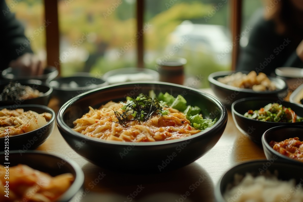 Korean Noodle Dish with Side Dishes in Black Bowls Korean Noodle Dish with Side Dishes in Black Bowls