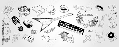 Y2k tattoo. Punk rock icon. Heart in fire flames. Gothic element. Grunge sticker. Guitar and synthesizer piano. Skull with wings. Scribble psychedelic. Doodle line symbols set. Vector emo illustration
