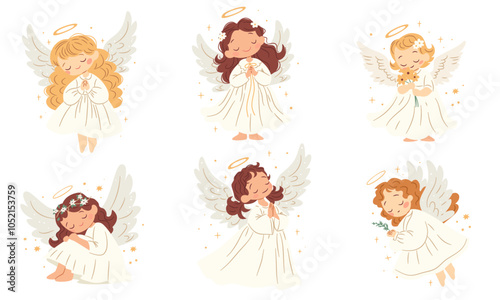 A set of cute vector illustrations in children's style. Cute angels on white background with wings. Vector illustration