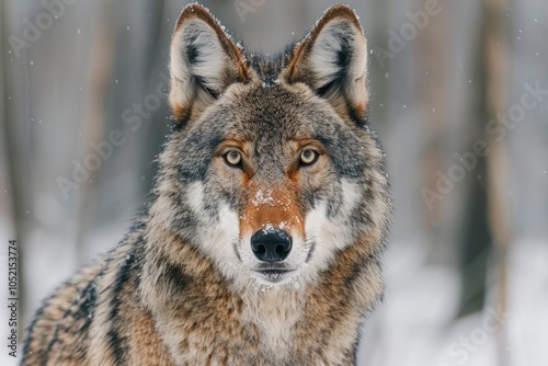 Close up portrait of Eurasian wolf in winter forest.