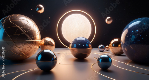 A modern, minimalist vector design featuring geometric shapes and patterns inspired by cosmic elements spheres as planets, with lines and curves symbolizing celestial bodies