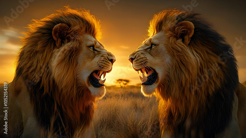 Two Lions Roaring at Each O...