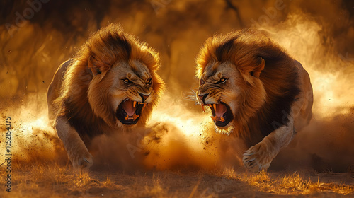 Two Lions Facing Off in Dus...