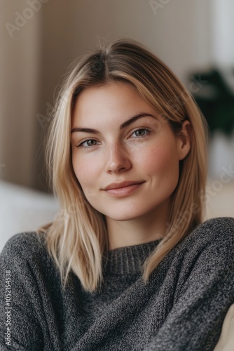 Headshot Portrait of Pretty Blonde Woman Gazing at Camera Sitting Alone on Sofa Enjoying Pleasant Weekend at Home Showcasing Serene Expression