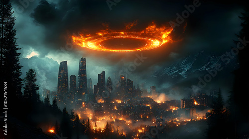 Flaming Ring Above City Ill...