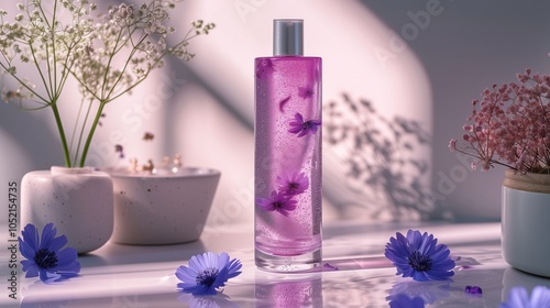 A bottle of shampoo surrounded by violet flowers on the purple background.