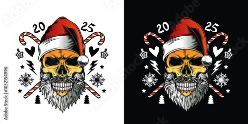 Skull with beard and mustache in Santa Claus hat. Christmas and New Year poster. Original vector illustration in vintage style. T-shirt design.