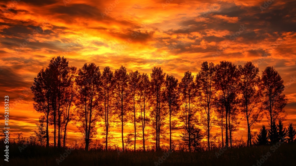 Obraz premium Sunset sky with warm orange and red tones and silhouetted autumn trees