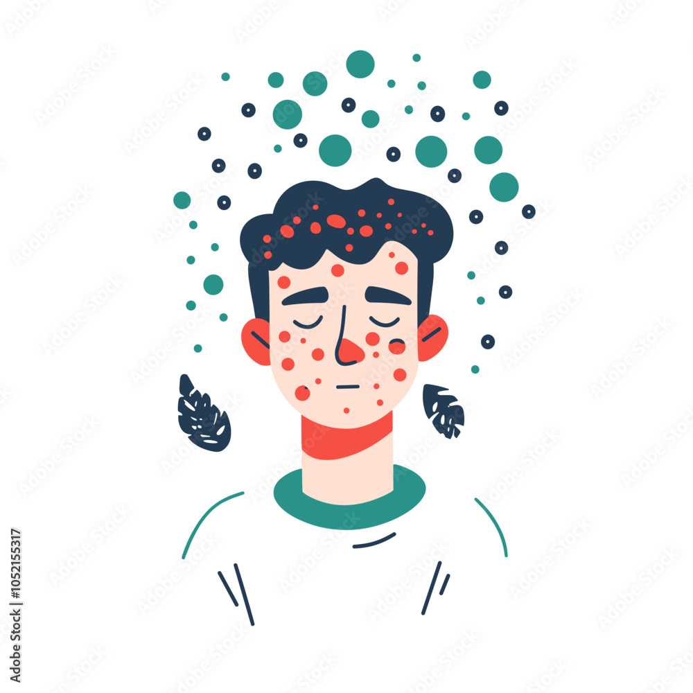 vector face covered with red spots, skin disease on white background.Generative AI vector face covered with red spots, skin disease on white background.Generative AI