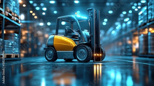 A minimalistic forklift operating in a modern warehouse filled with organized shelving and pallets during daylight hours