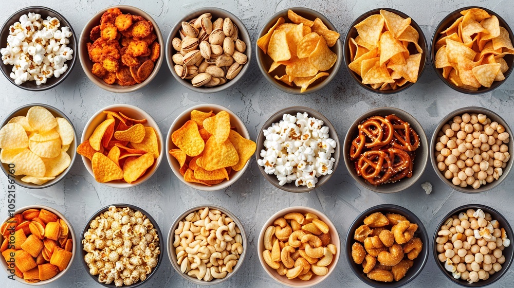 An assortment of different snacks in small bowls arranged in a grid pattern on a grey background. An assortment of different snacks in small bowls arranged in a grid pattern on a grey background.