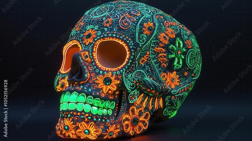 Luminous sugar skull with vibrant green and orange designs, intricate neon patterns