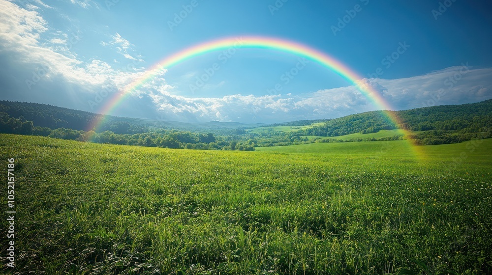 Naklejka premium A vibrant rainbow arcing over a lush green field, surrounded by rolling hills and a blue sky dotted with clouds.