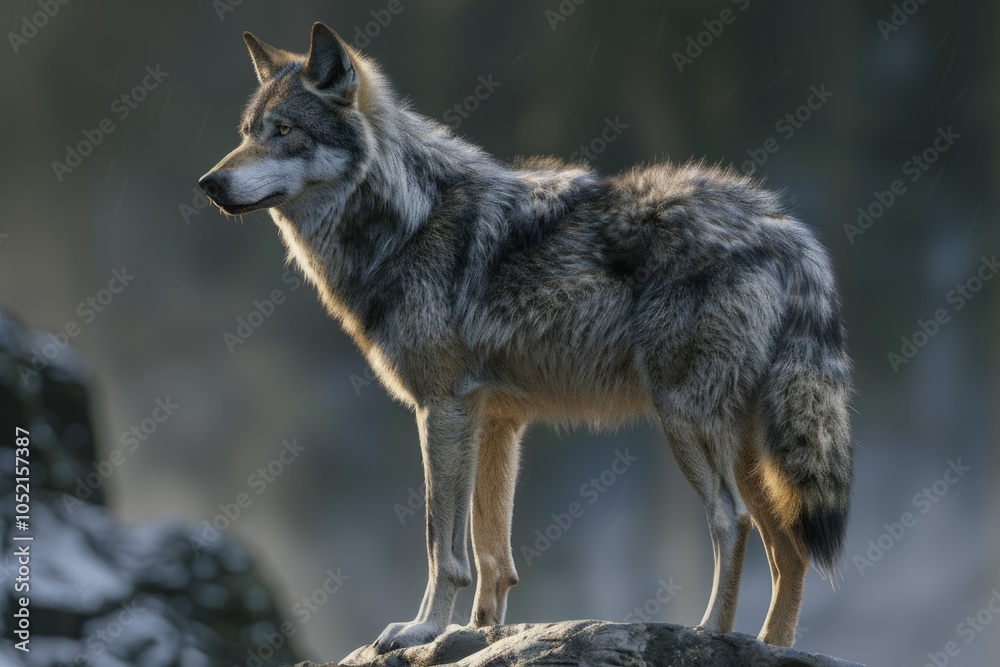 Grey Wolf Canis lupus Stands Towards Left captive animal Grey Wolf Canis lupus Stands Towards Left captive animal