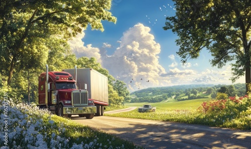 Semi-truck drives on a rural road with flowers. photo