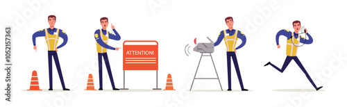 Man Road Policeman in Different Situations Vector Set
