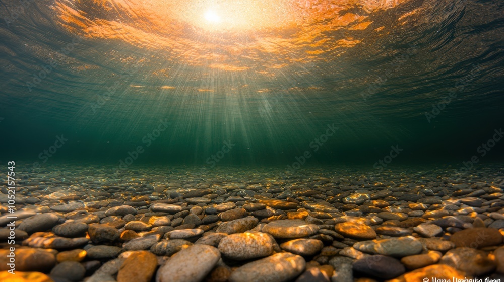 Obraz premium A serene underwater scene showcasing sunlight filtering through water onto a bed of smooth stones, creating a tranquil atmosphere.