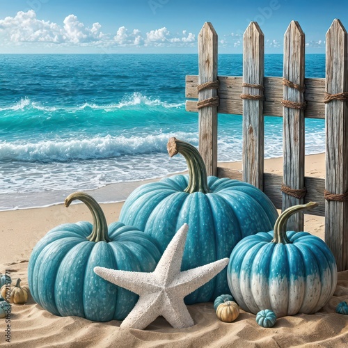 Turquoise pumpkins and a starfish rest on a sandy beach by a wooden fence with waves gently lapping at the shore