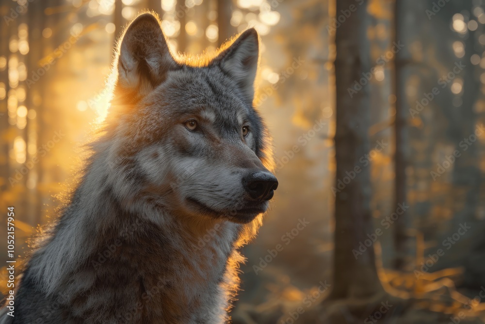 Fototapeta premium Grey Wolf Portrait captive animal Magical forest dawn