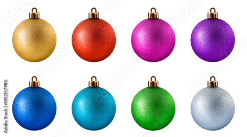 Set of eight shiny Christmas ornament balls in vibrant colorful tones, isolated on transparent background