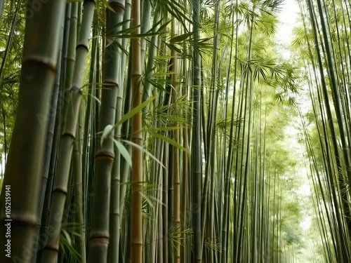 lush green bamboo forest with tall stalks reaching up towards the sky. The trees are tall and slender, with a variety of green leaves and stems. The sky is a bright, clear blue, with no clouds in sigh