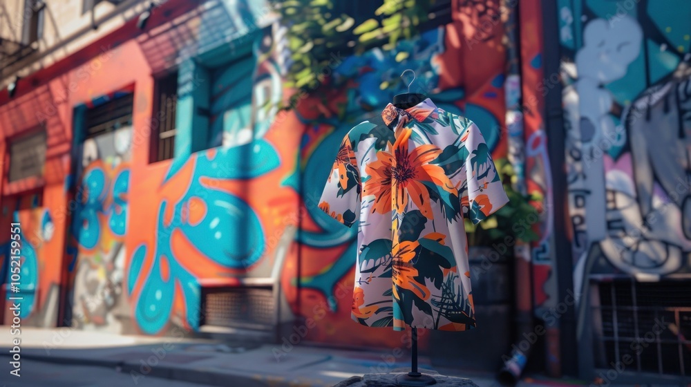 Fototapeta premium A white floral patterned shirt on a mannequin in an urban alleyway.