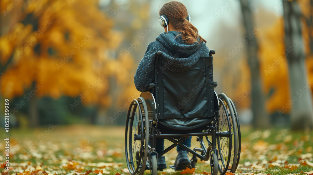 young woman sits in a wheelchair wearing headphones and listening to music. young woman sits in a wheelchair wearing headphones and listening to music.