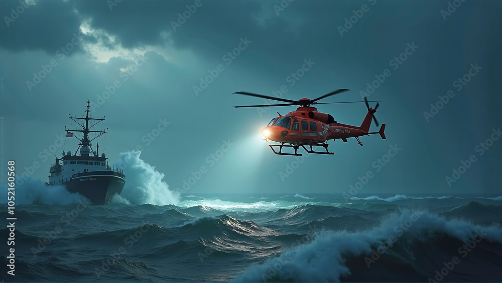 Fototapeta premium Rescue and supply helicopter for assistance in emergencies on the high seas in stormy waves, emergency air rescue in the event of accidents