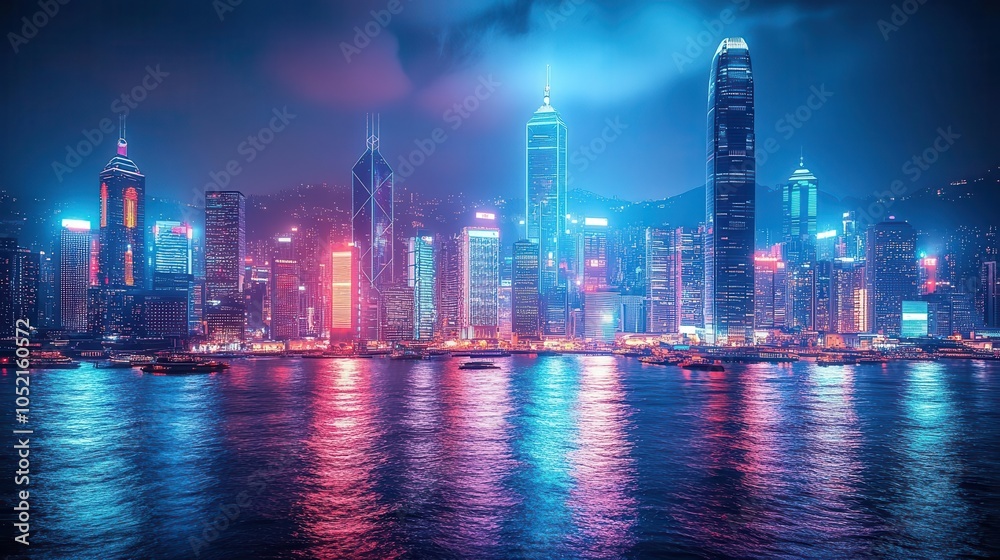 Fototapeta premium futuristic neon-lit cityscape at night, showcasing towering skyscrapers and vibrant lights in a panoramic view, embodying the essence of a bustling metropolis alive with energy and innovation