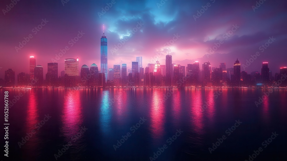 Fototapeta premium futuristic neon-lit cityscape at night, showcasing towering skyscrapers and vibrant lights in a panoramic view, embodying the essence of a bustling metropolis alive with energy and innovation