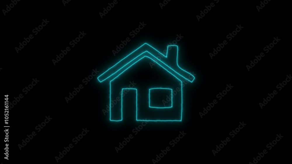 Glowing neon line Map pointer with house icon isolated on black background. Glowing neon line Map pointer with house icon isolated on black background.