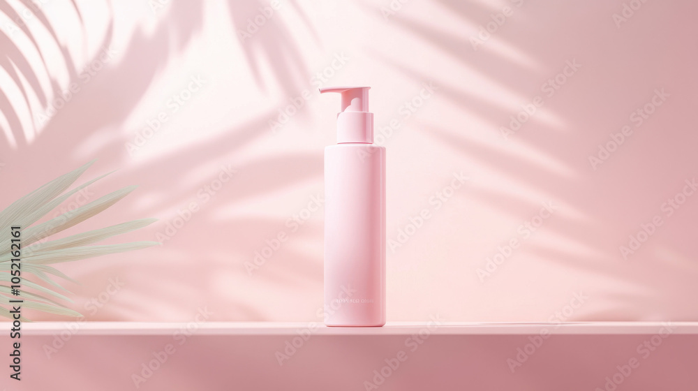 A minimalist pink cosmetic bottle is displayed against a soft pink background, accented by gentle palm leaf shadows. A minimalist pink cosmetic bottle is displayed against a soft pink background, accented by gentle palm leaf shadows.
