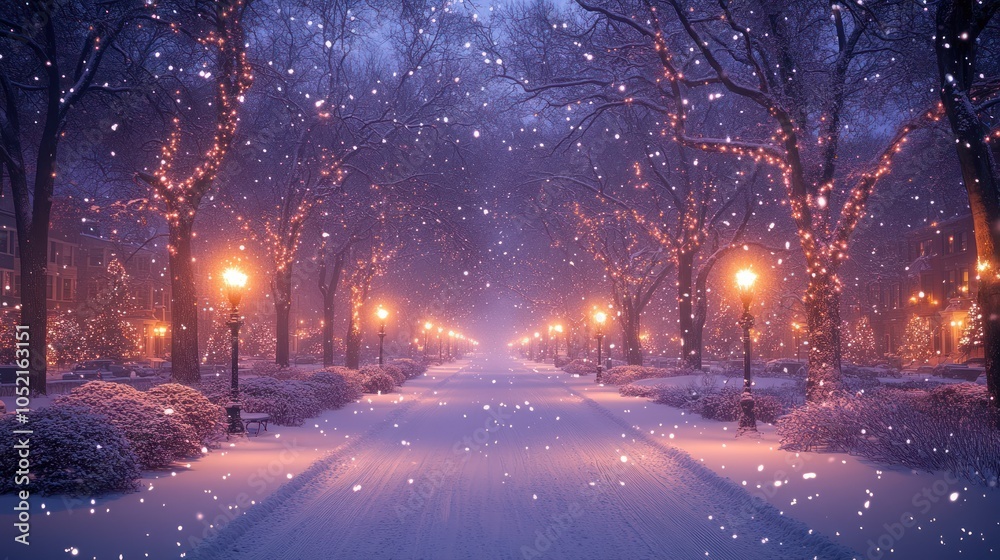 Snowy Street Lined with Christmas Lights and Lampposts Snowy Street Lined with Christmas Lights and Lampposts