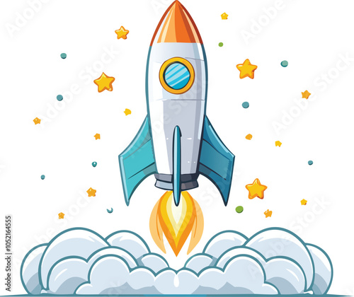 rocket launching into space with a trail vector cartoon like startup business goals 