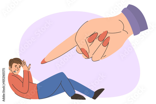 Big female hand pointing in anger at frightened man vector isolated. Concept of emotional abuse and domestic violence. Abusive partner. Unhappy victim in fear.