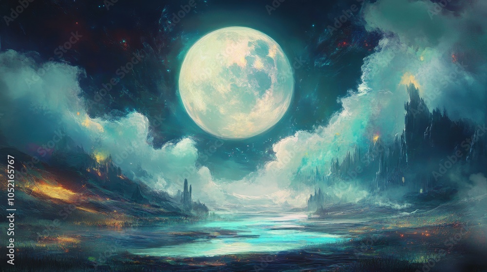 A Moonlit Fantasy Landscape with a River and Mysterious Structures A Moonlit Fantasy Landscape with a River and Mysterious Structures