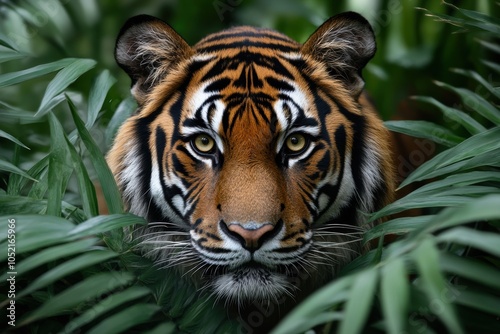 A powerful tiger peers through jungle leaves with piercing eyes, capturing the intense gaze and beauty of this majestic predator in the wild.