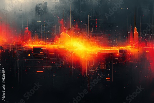 Abstract digital cityscape with glowing red and orange lights.
