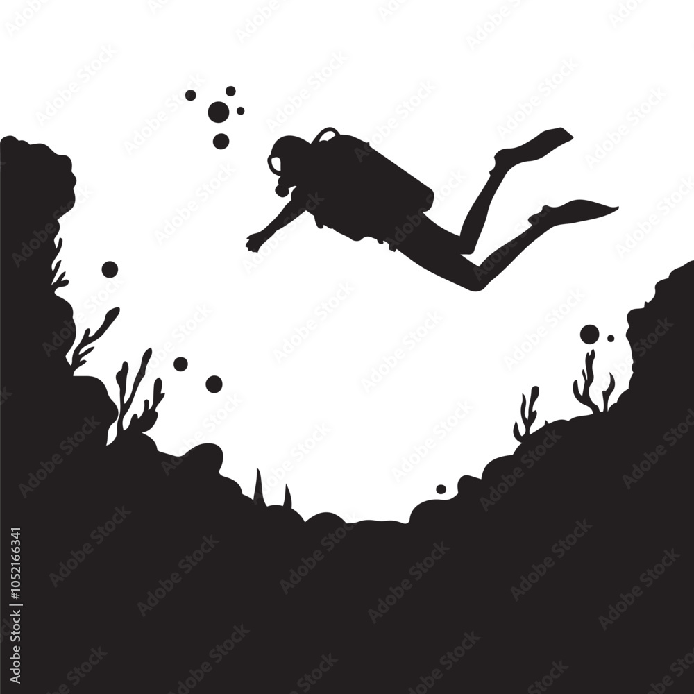 Obraz premium Scuba Diver Underwater Silhouette, Scuba diver vector, Vector scuba diver silhouettes.