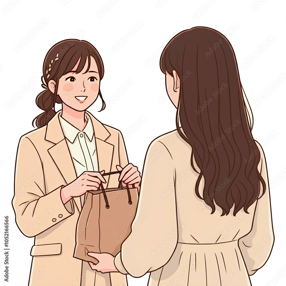 A woman hands a gift bag to another woman, both dressed in neutral-colored outfits. A woman hands a gift bag to another woman, both dressed in neutral-colored outfits.