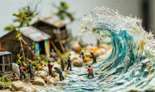 Miniature village scene with a large wave. photo