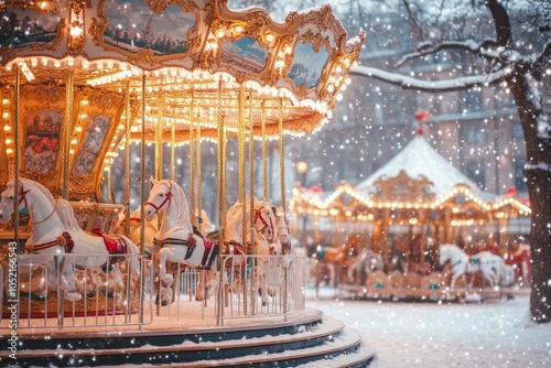 Festive photography of an ornate carousel with horses against a christmas themed snowy background photo