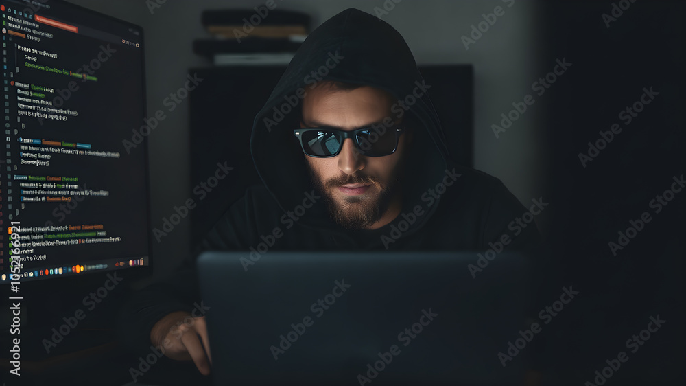 A Hacker with Glasses Coding on Laptop A Hacker with Glasses Coding on Laptop