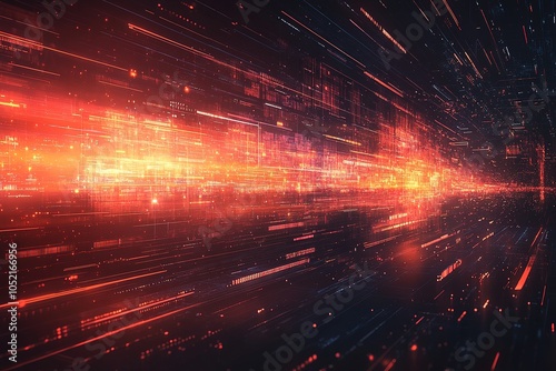 Abstract digital data stream background with glowing lines and particles.
