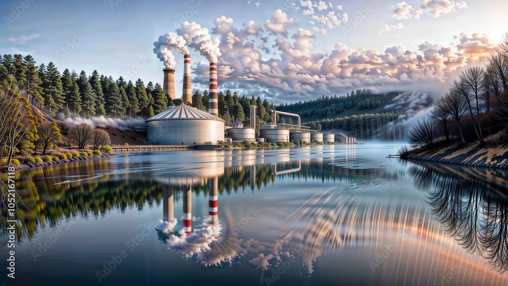 Naklejka premium Industrial Lakeside Serenity. A power plant with smokestacks emitting smoke sits by a calm lake, surrounded by lush forests and reflected in the water under a vibrant sky.