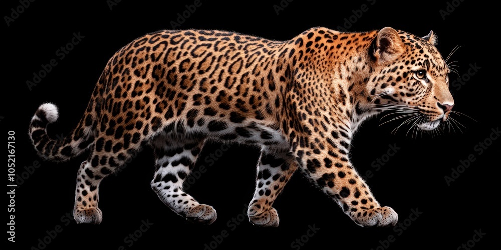Powerful Leopard Walking in Profile Against Black Background Powerful Leopard Walking in Profile Against Black Background