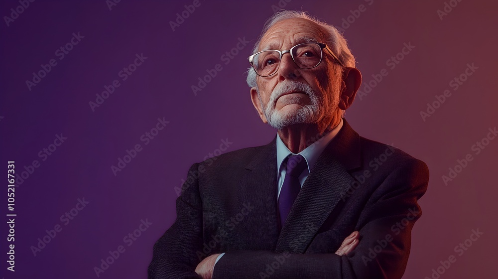 A reflective mature businessman dressed in a classic well tailored suit stands against a plain eggplant colored studio background conveying a sense of seriousness wisdom and authority A reflective mature businessman dressed in a classic well tailored suit stands against a plain eggplant colored studio background conveying a sense of seriousness wisdom and authority